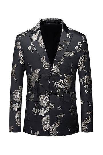 Black Peaked Lapel Floral Men's Blazer